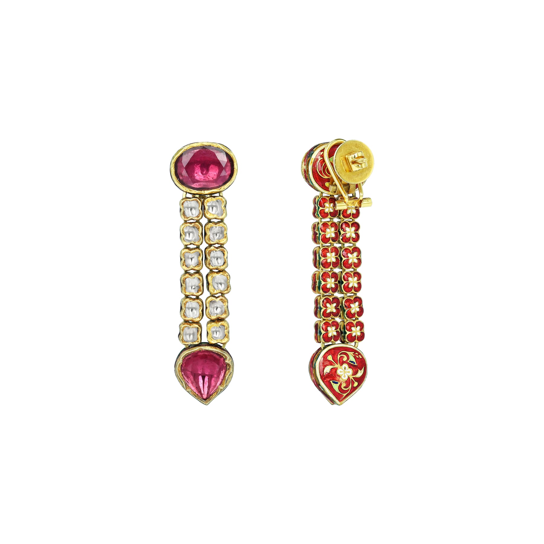 Polki Diamond Necklace Set with Deep Pink Gemstones and Drop
